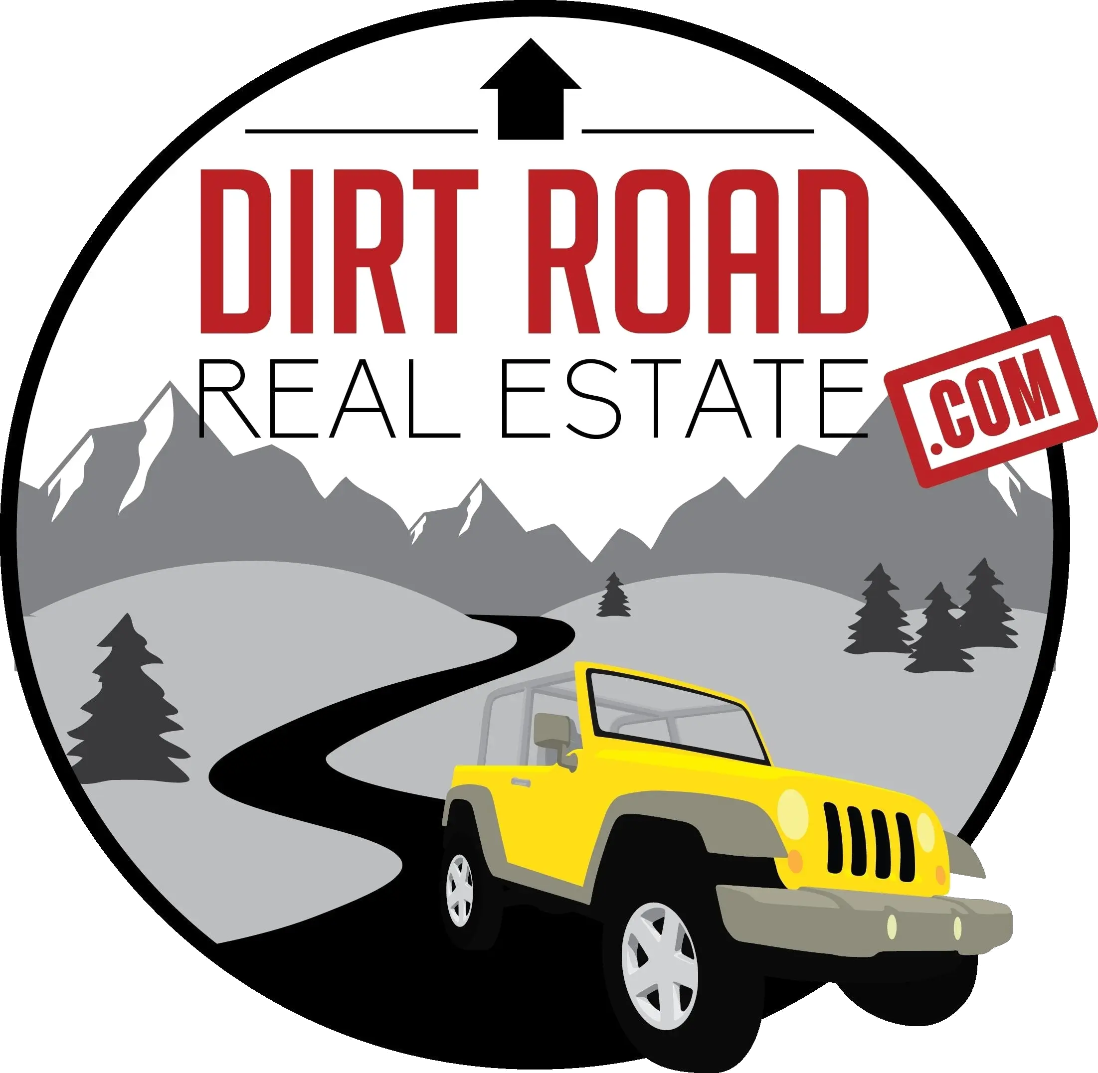 The Dirt Road Real Estate logo: a yellow jeep on a rural road.